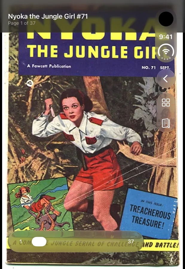 Unfolio on the folded iPhone Duo showing the cover of Nyoka the Jungle Girl #71, page 1 of 37, with a page slider