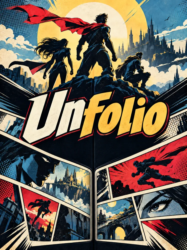 Unfolio cover art: three silhouetted heroes on a cliff above a gothic city, with comic panels fanning out like an opening book