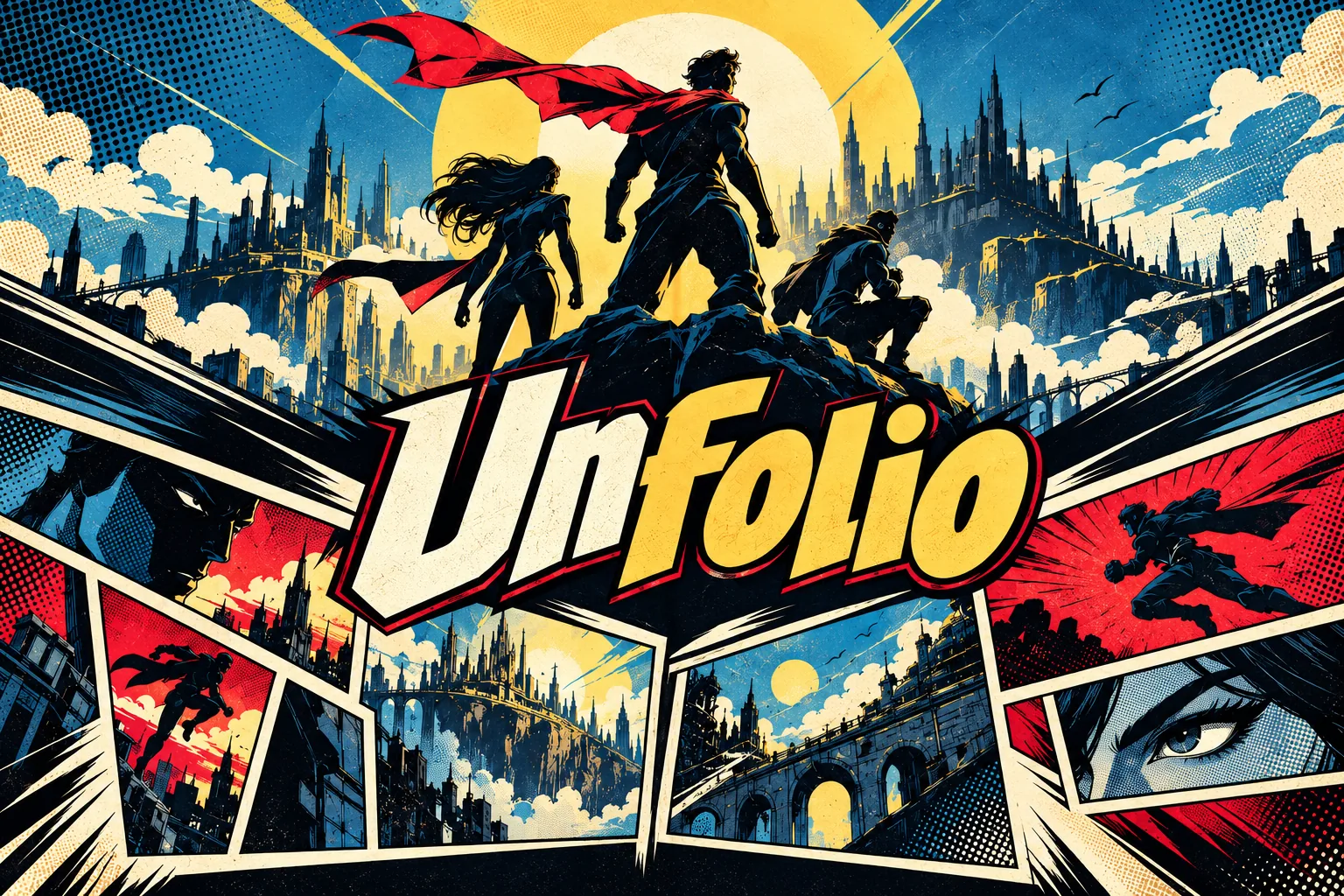 Unfolio artwork with heroes above a city and comic panels spreading outward